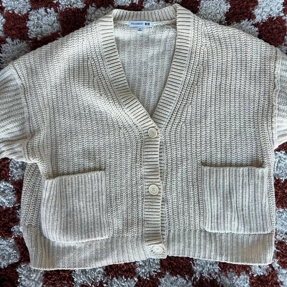 JW Anderson X Uniqlo Cream Wool Blend Waffle Knit Button Crop Cardigan Sweater M